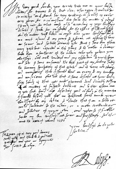 Brief an Robert Dudley, Earl of Leicester, Gouverneur der Niederlande, bezüglich seiner Bitte um Pioniere aus England, widerlegt Dudleys Vorwurf, Raleigh sei zu freundlich zu Spanien von Walter Raleigh